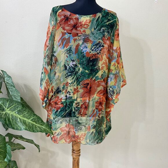 Sunflower simi sheer blouse top cover Women’s OS Chiffon Floral drawstring waist - Picture 3 of 10